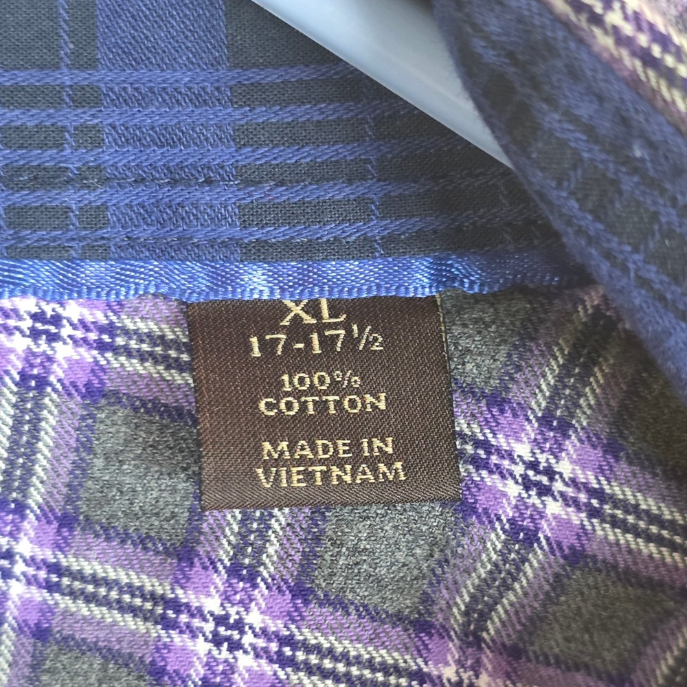 Tasso Elba Mens XL Purple Grey Plaid 100% Cotton Long Sleeve Button Down Shirt - Picture 4 of 7